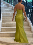 Elegant Strapless Ruffle Satin Gown Maxi Dress