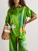 Ocean Print Satin Collared Short Sleeve Shirt