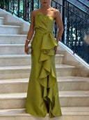 Elegant Strapless Ruffle Satin Gown Maxi Dress