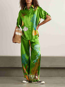 Ocean Print Satin Collared Short Sleeve Shirt