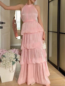 Elegant Metallic Halter Tiered Layered Maxi Dress