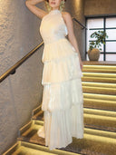 Elegant Metallic Halter Tiered Layered Maxi Dress