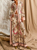 Elegant Floral Print Satin Shirt & Wide-Leg Pants Set