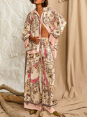 Elegant Floral Print Satin Shirt & Wide-Leg Pants Set
