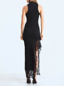 Elegant Halter Lace Trim Asymmetrical Midi Dress
