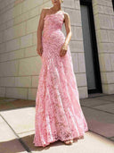 Elegant One-Shoulder Pleated Lace Maxi Dress