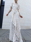 Elegant Lace Ruched Ruffle Party Maxi Dress