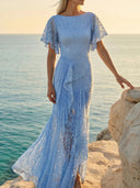 Elegant Lace Ruched Ruffle Party Maxi Dress