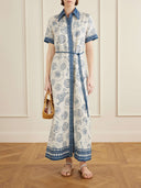 Casual Mediterranean Print Tie-Waist Collared Maxi Dress