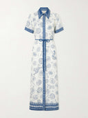 Casual Mediterranean Print Tie-Waist Collared Maxi Dress