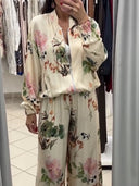 Elegant Floral Satin Zip-Up Jacket & Pants Two-Piece Set