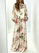 Elegant Floral Satin Zip-Up Jacket & Pants Two-Piece Set