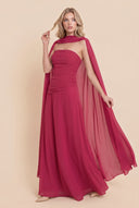 Pleated  Design Cape Maxi Dress
