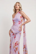Slant-Shoulder Lace-Up Printed Maxi Dress