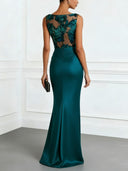 Elegant Sheer Floral Lace Satin Maxi Dress