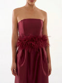 Elegant Strapless Feather Trim Evening Gown Maxi Dress