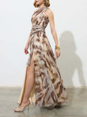 Elegant One-Shoulder Marble Print Chiffon Maxi Dress