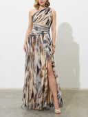 Elegant One-Shoulder Marble Print Chiffon Maxi Dress