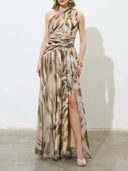 Elegant One-Shoulder Marble Print Chiffon Maxi Dress
