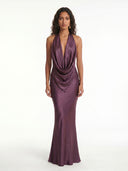 Plum Drape Halter Cascade Maxi Dress