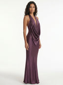 Plum Drape Halter Cascade Maxi Dress