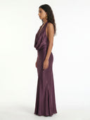 Plum Drape Halter Cascade Maxi Dress