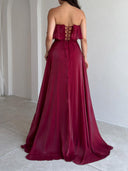 Elegant Strapless Ruffle High Slit Corset Maxi Dress