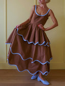 Elegant Color Trim Tiered Ruffle Sleeveless Maxi Dress