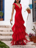 Elegant Deep V-Neck Tiered Fringe Sleeveless Maxi Dress