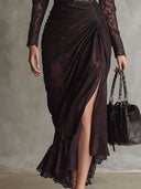 Retro Faux Leather Patchwork Lace Long Sleeve Maxi Dress