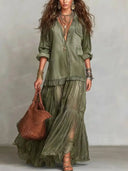 Classic Denim Ruffle Romantic Maxi Dress