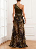 Elegant Floral Print One-Shoulder Slit Maxi Dress