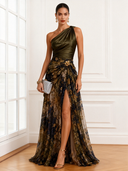 Elegant Floral Print One-Shoulder Slit Maxi Dress