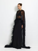 Elegant Sheer Feather Trim Top & Mermaid Maxi Skirt Two-Piece Set