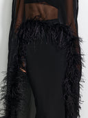 Elegant Sheer Feather Trim Top & Mermaid Maxi Skirt Two-Piece Set