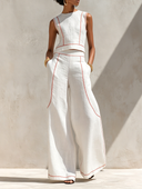 Minimalist Contrast Stitch Shirt & Wide-Leg Pants Set
