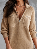 Casual Half-Zip Pocket Knit Sweater Mini Dress
