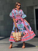 Retro Vibrant Tropical Floral Print Midi Dress