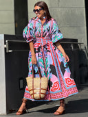 Retro Vibrant Tropical Floral Print Midi Dress