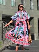 Retro Vibrant Tropical Floral Print Midi Dress