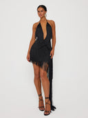 Sexy Halter Neck Fringe Asymmetrical Mini Dress