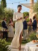 Casual Crew Neck Pleated Slit Maxi Dress