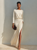 Casual Crew Neck Pleated Slit Maxi Dress