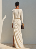 Casual Crew Neck Pleated Slit Maxi Dress