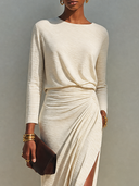 Casual Crew Neck Pleated Slit Maxi Dress