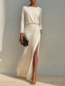 Casual Crew Neck Pleated Slit Maxi Dress