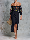 Minimalist Strapless Embroidered Midi Dress