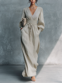 Casual Ruched V-Neck Waist-Tie Maxi Dress