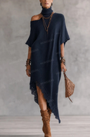 Asymmetric Off-Shoulder Turtleneck Knit Maxi Dress