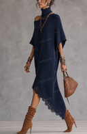 Asymmetric Off-Shoulder Turtleneck Knit Maxi Dress